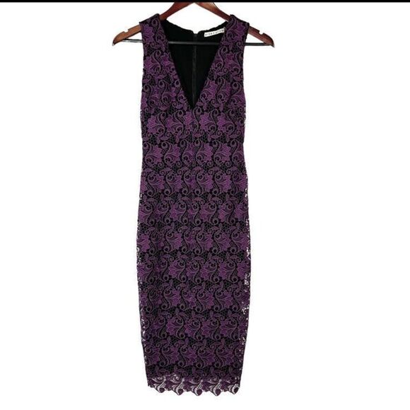 Alice + Olivia Purple Black Floral Guipure Lace Sleeveless Preslee Dress Size 0 - Picture 3 of 8